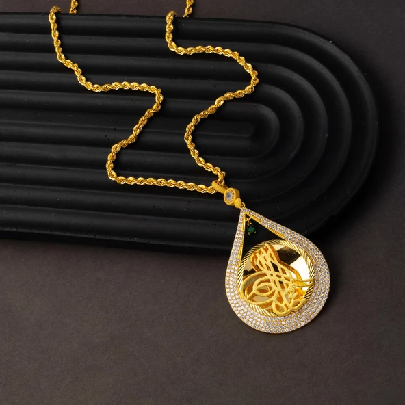 Damla Tuğra Yeşil Taşlı Altın Kolye - Resim 6