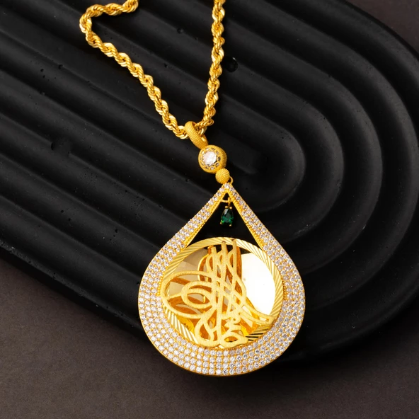 Damla Tuğra Yeşil Taşlı Altın Kolye - Resim 4