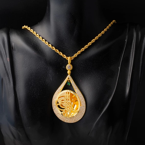 Damla Tuğra Yeşil Taşlı Altın Kolye - Resim 2