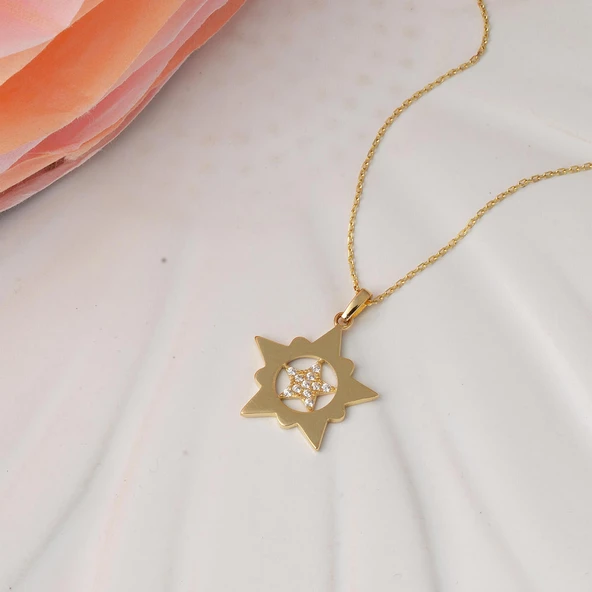 Yıldızlar İçinde Yıldız Altın Kolye - Resim 4