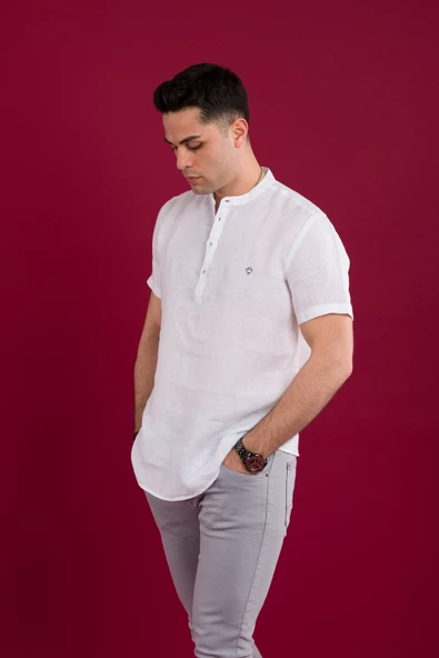 PAUL MARTİN REGULAR FİT HAKİM YAKA ERKEK KETEN GÖMLEK - Resim 4