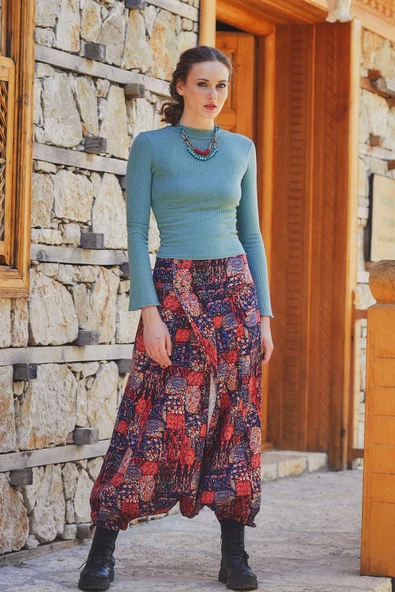 Doğal Düğmeli Cepli Kadın Şalvar Pantolon - 2