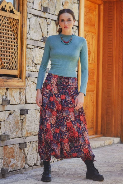 Doğal Düğmeli Cepli Kadın Şalvar Pantolon