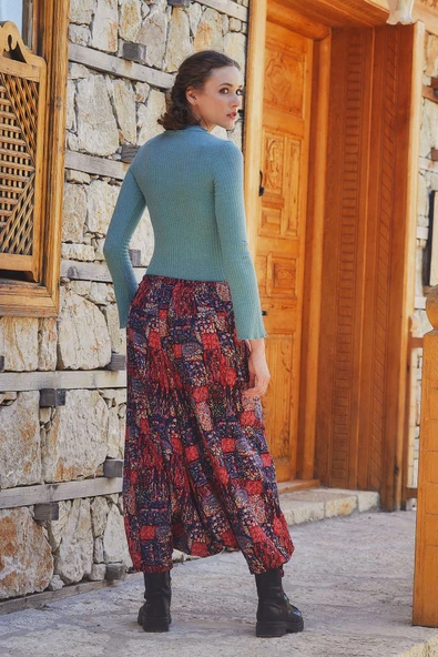 Doğal Düğmeli Cepli Kadın Şalvar Pantolon - 4