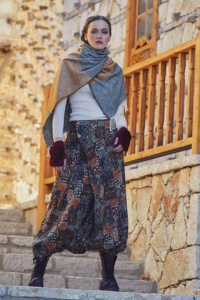 Doğal Düğmeli Cepli Kadın Şalvar Pantolon