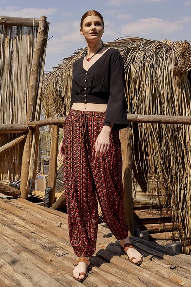 Bohem Stil Dökümlü Paça Lastikli Pantolon - 3