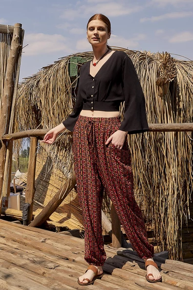 Bohem Stil Dökümlü Paça Lastikli Pantolon - 2