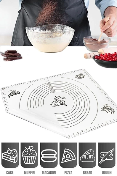 Tilbe Home Silikon Hamur Matı Hamur Açma Pasta Fırın Altlığı Matı Ölçülü Hamur Yoğurma Gri Büyük Boy 65X45 - 5