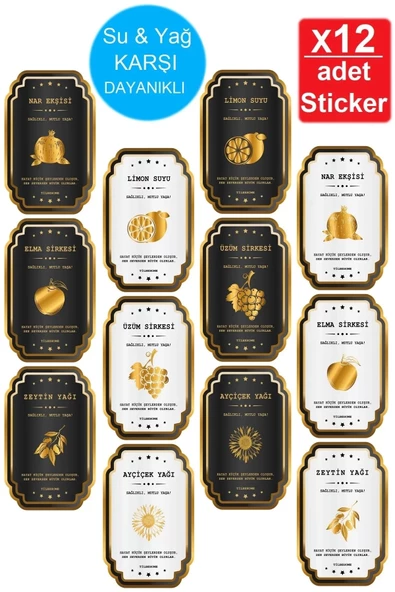 12 Adet Yağdanlık Yağlık Sticker Ayçiçek Zeytinyağı Limon Suyu Nar Ekşisi Elma Üzüm Sirkesi Etiket