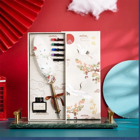 Tüy Divit Kalem Mürekkep 7 li Pirinç Set Cren Kuşu Desenli - 4