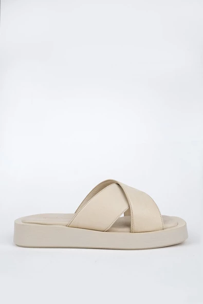 Bej Hakiki Deri Anatomik Günlük Terlik - Vulap - 2