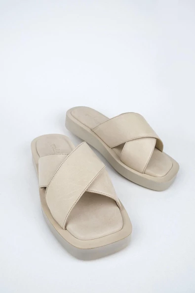 Bej Hakiki Deri Anatomik Günlük Terlik - Vulap - 4