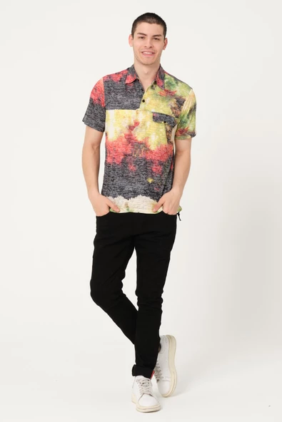 Erkek Desenli Düğmeli Kısa Kollu Polo Yaka T-Shirt - 4