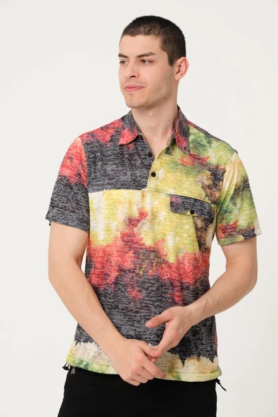 Erkek Desenli Düğmeli Kısa Kollu Polo Yaka T-Shirt - 5