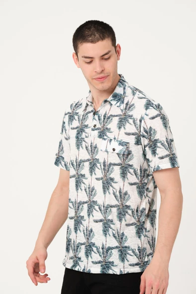 Erkek Desenli Düğmeli Kısa Kollu Polo Yaka T-Shirt - 11