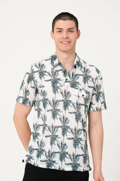 Erkek Desenli Düğmeli Kısa Kollu Polo Yaka T-Shirt - 9