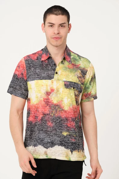 Erkek Desenli Düğmeli Kısa Kollu Polo Yaka T-Shirt