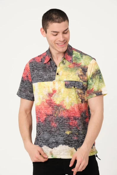 Erkek Desenli Düğmeli Kısa Kollu Polo Yaka T-Shirt - 6