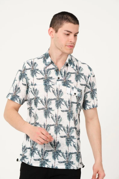 Erkek Desenli Düğmeli Kısa Kollu Polo Yaka T-Shirt - 8