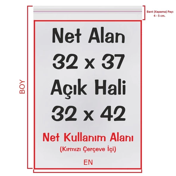 32x37+5 cm. (32x42) 1.000 Adet Şeffaf Bantlı Yapışkanlı Jelatin Poşet