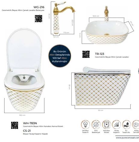 Pure Geometrik Beyaz Gold Tezgah Üstü Çanak Lavabo Armatürü Wg-216 - 3