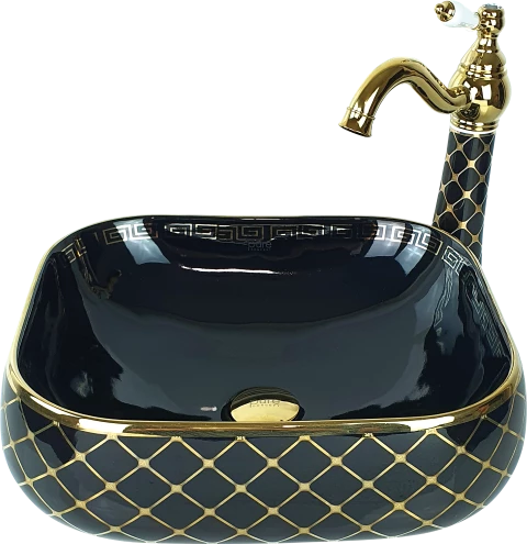 Pure Geometrik Siyah Gold Tezgah Üstü Çanak Lavabo Gb-523