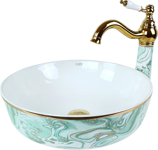 Pure Ebru Yeşil Altın Tezgah Üstü Çanak Lavabo Tr-132