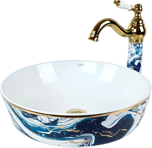 Pure Ebru Mavi Altın Tezgah Üstü Çanak Lavabo Tr-131