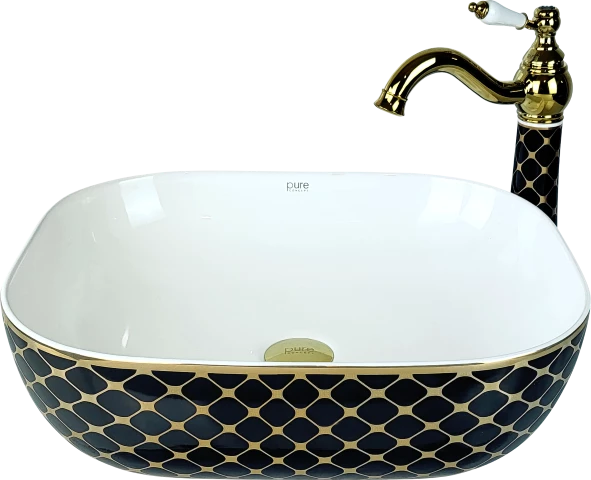 Pure Geometrik Siyah Altın Beyaz Hazne Çanak Lavabo Tr-134