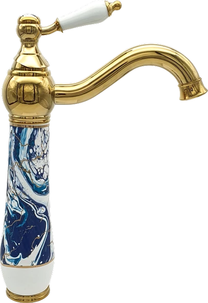Pure Ebru Mavi Altın Tezgah Üstü Çanak Lavabo Armatürü Wg-131