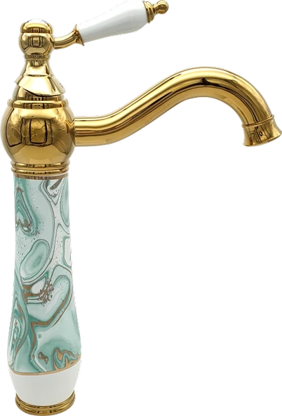 Pure Ebru Yeşil Altın Tezgah Üstü Çanak Lavabo Armatürü Wg-132