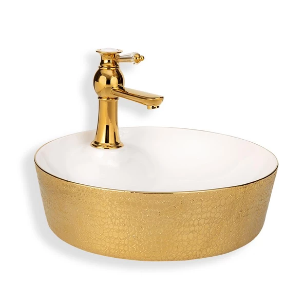 Lena Tezgah Üstü Lavabo Beyaz&Gold  E-5001A
