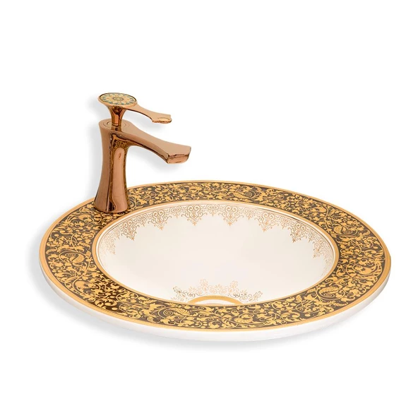 Lena Yarımtezgah Üstü Lavabo Beyaz&Gold E-3055A