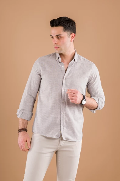 MODTİME SLİMFİT HASIR DOKULU İNCE KUMAŞ PAMUKLU YAZLIK ERKEK GÖMLEK - Resim 11