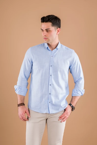 MODTİME SLİMFİT HASIR DOKULU İNCE KUMAŞ PAMUKLU YAZLIK ERKEK GÖMLEK - Resim 4