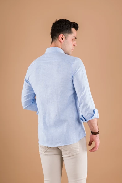 MODTİME SLİMFİT HASIR DOKULU İNCE KUMAŞ PAMUKLU YAZLIK ERKEK GÖMLEK - Resim 5