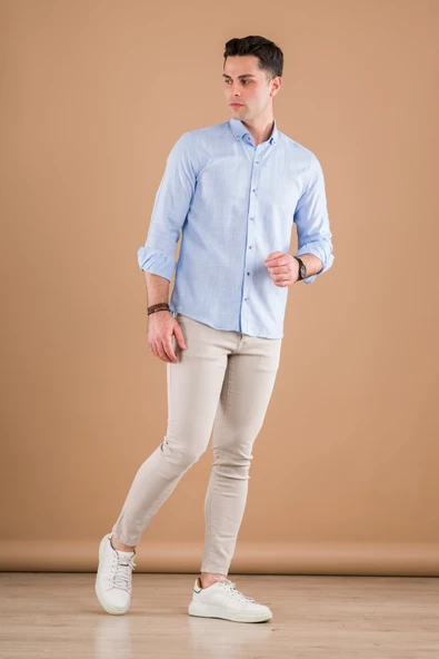 MODTİME SLİMFİT HASIR DOKULU İNCE KUMAŞ PAMUKLU YAZLIK ERKEK GÖMLEK - Resim 2