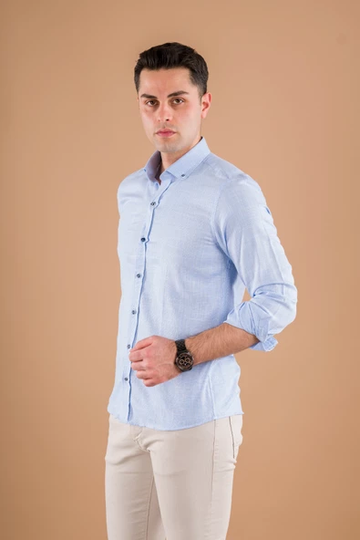 MODTİME SLİMFİT HASIR DOKULU İNCE KUMAŞ PAMUKLU YAZLIK ERKEK GÖMLEK - Resim 3