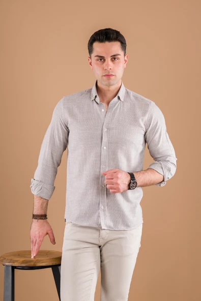 MODTİME SLİMFİT HASIR DOKULU İNCE KUMAŞ PAMUKLU YAZLIK ERKEK GÖMLEK - Resim 9