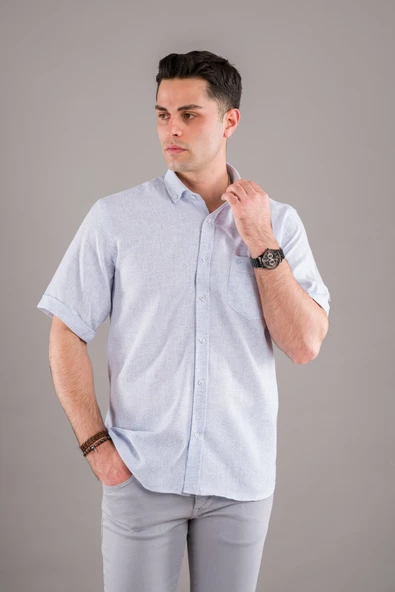 EVRYTİME KLASİK KESİM CEPLİ HASIR KUMAŞ KISA KOL YAZLIK PAMUKLU ERKEK GÖMLEK - Resim 7