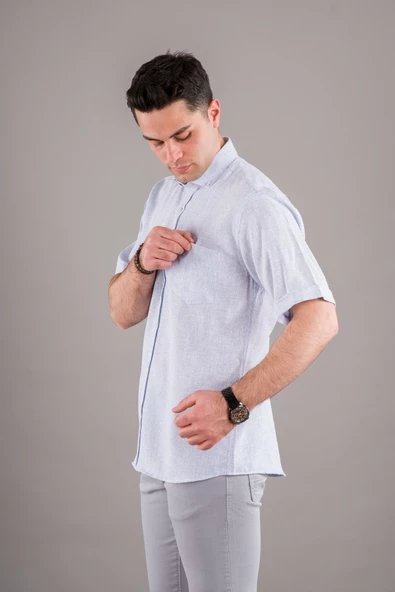 EVRYTİME KLASİK KESİM CEPLİ HASIR KUMAŞ KISA KOL YAZLIK PAMUKLU ERKEK GÖMLEK - Resim 6