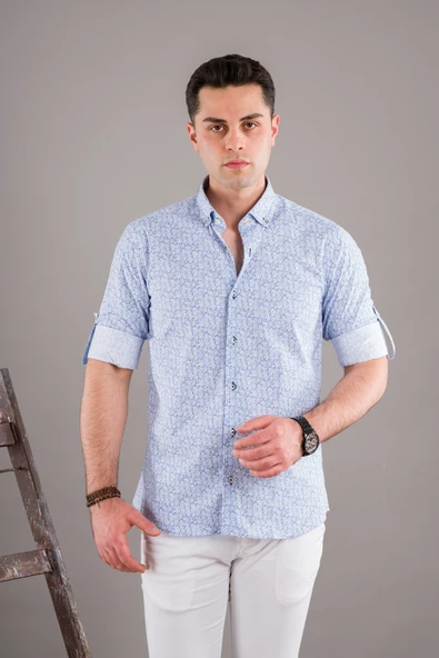 BİCAN DESENLİ YAKA DÜĞMELİ KATLAMALI KOL SLİMFİT ERKEK GÖMLEK - Resim 4