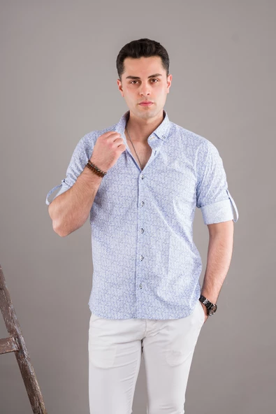 BİCAN DESENLİ YAKA DÜĞMELİ KATLAMALI KOL SLİMFİT ERKEK GÖMLEK - Resim 2