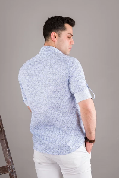 BİCAN DESENLİ YAKA DÜĞMELİ KATLAMALI KOL SLİMFİT ERKEK GÖMLEK - Resim 3