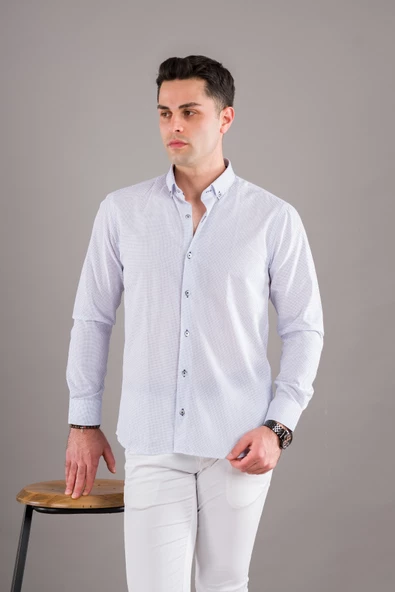 BİCAN PUANTİYELİ YAKA DÜĞMELİ SLİMFİT ERKEK GÖMLEK - Resim 3