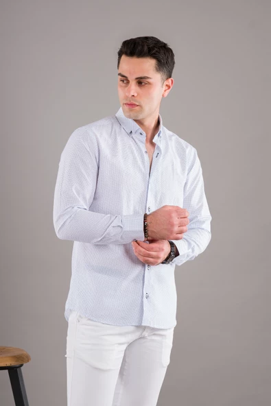 BİCAN PUANTİYELİ YAKA DÜĞMELİ SLİMFİT ERKEK GÖMLEK - Resim 4