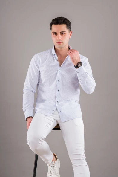 BİCAN PUANTİYELİ YAKA DÜĞMELİ SLİMFİT ERKEK GÖMLEK - Resim 2