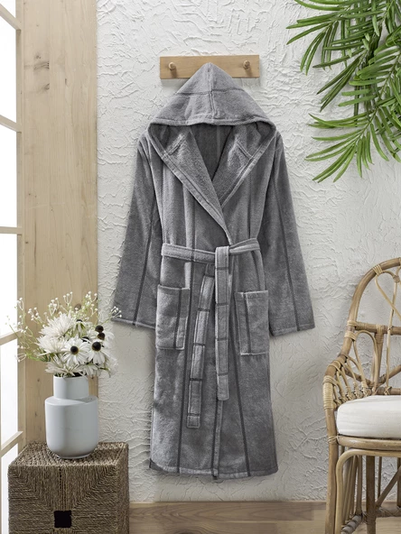 Pamuklu  Kadife Kapüşonlu Unisex Mürdüm Bornoz - 6