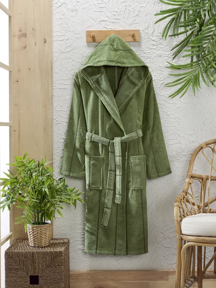 Pamuklu  Kadife Kapüşonlu Unisex Mürdüm Bornoz - 7