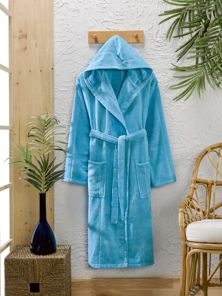 Pamuklu  Kadife Kapüşonlu Unisex Mürdüm Bornoz - 4